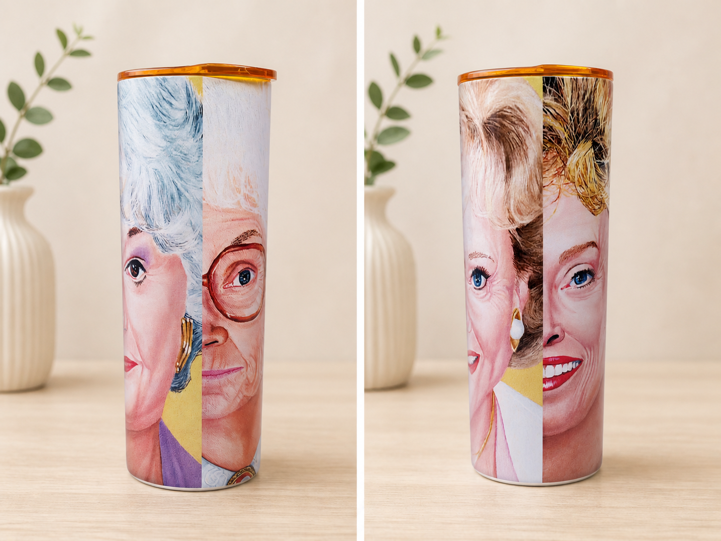 20 oz stainless steel tumbler with amber lid and wraparound face artwork