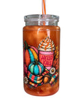 Acrylic snow globe tumbler with handle, orange with 'Hello Fall' pumpkin and plaid decor