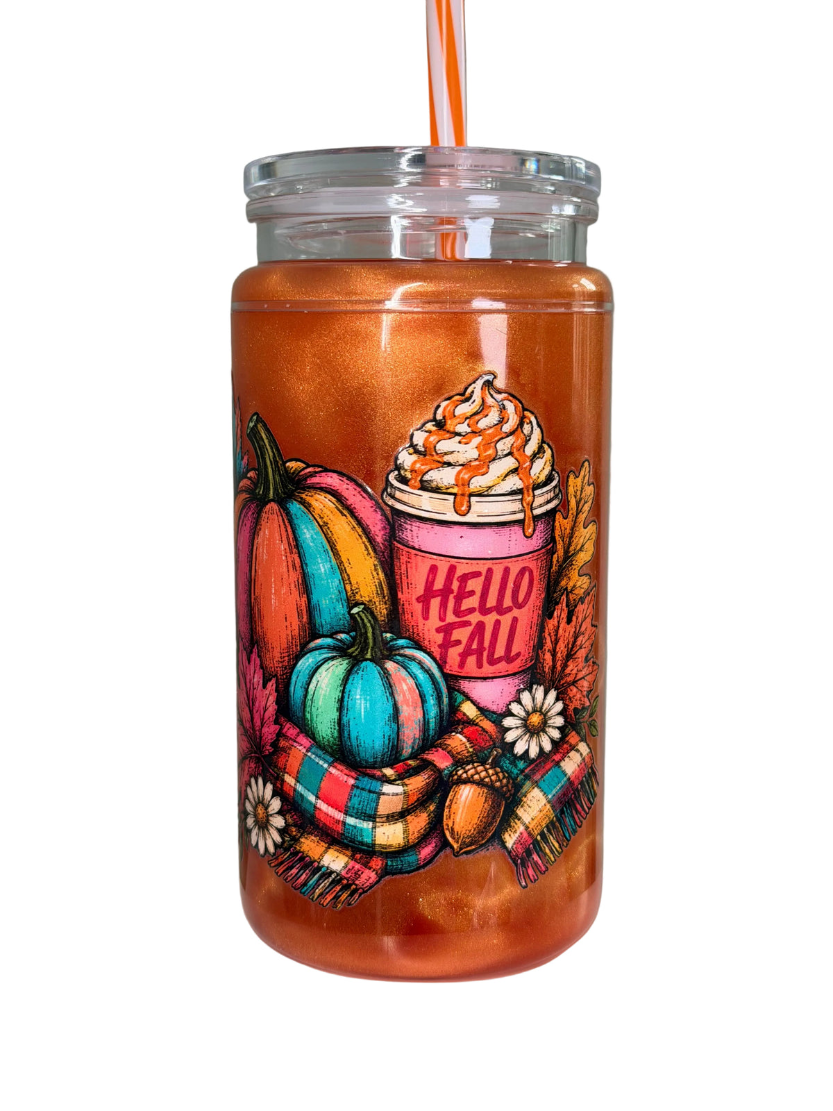 Acrylic snow globe tumbler with handle, orange with 'Hello Fall' pumpkin and plaid decor
