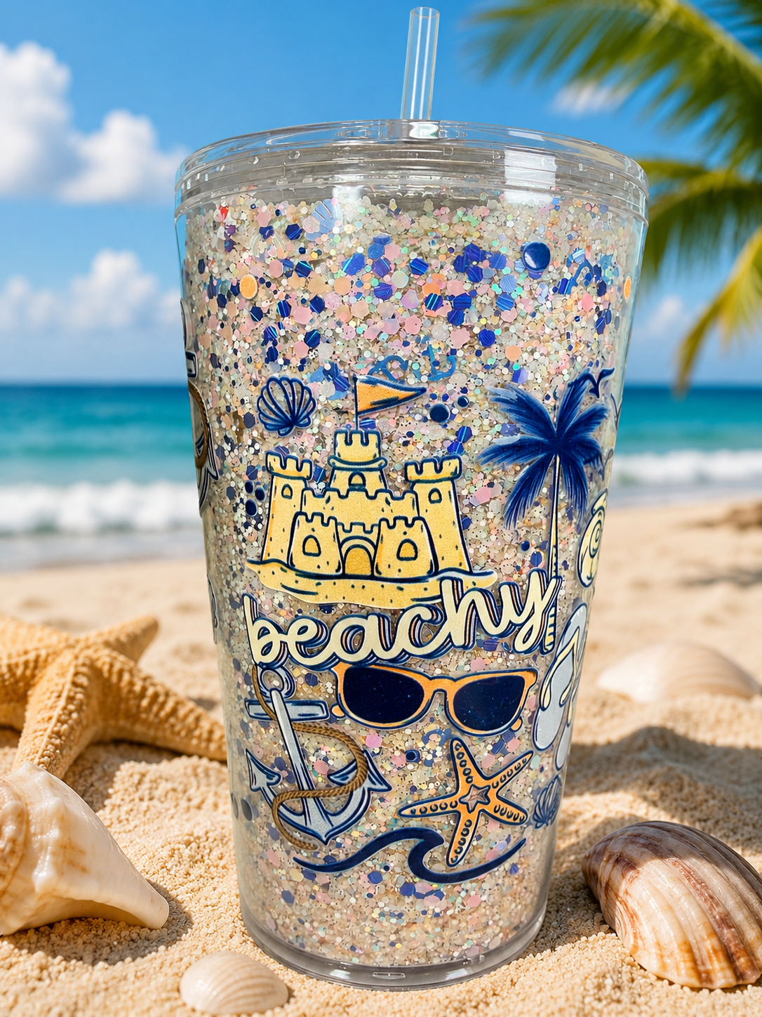 16oz acrylic beach cup, clear with blue glitter and 'beachy' surf graphics, straw top