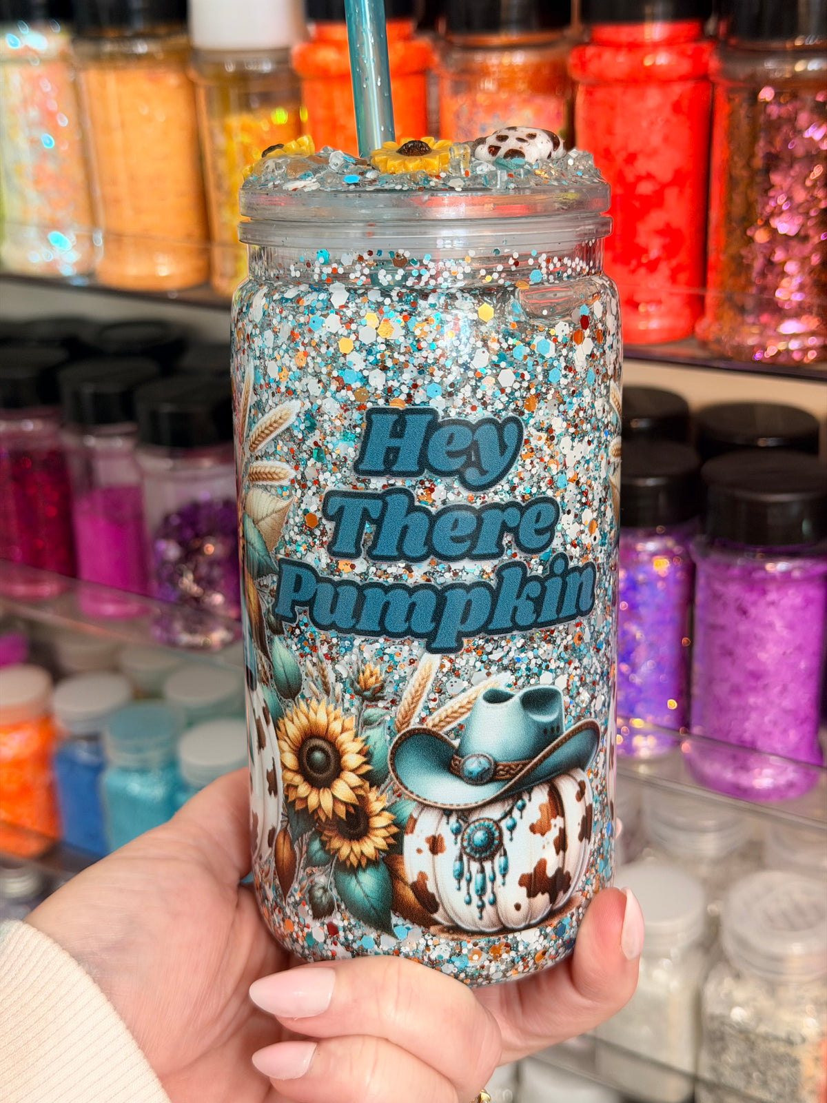 Hey There Pumpkins 16 oz Western Glitter Snow Globe Tumbler