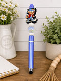 Blue skater cow pen/stylus with cartoon topper, clear round grip, and black stylus tip