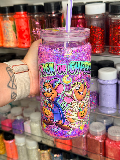Purple glitter acrylic snow globe tumbler with handle, Trick or Cheese character art