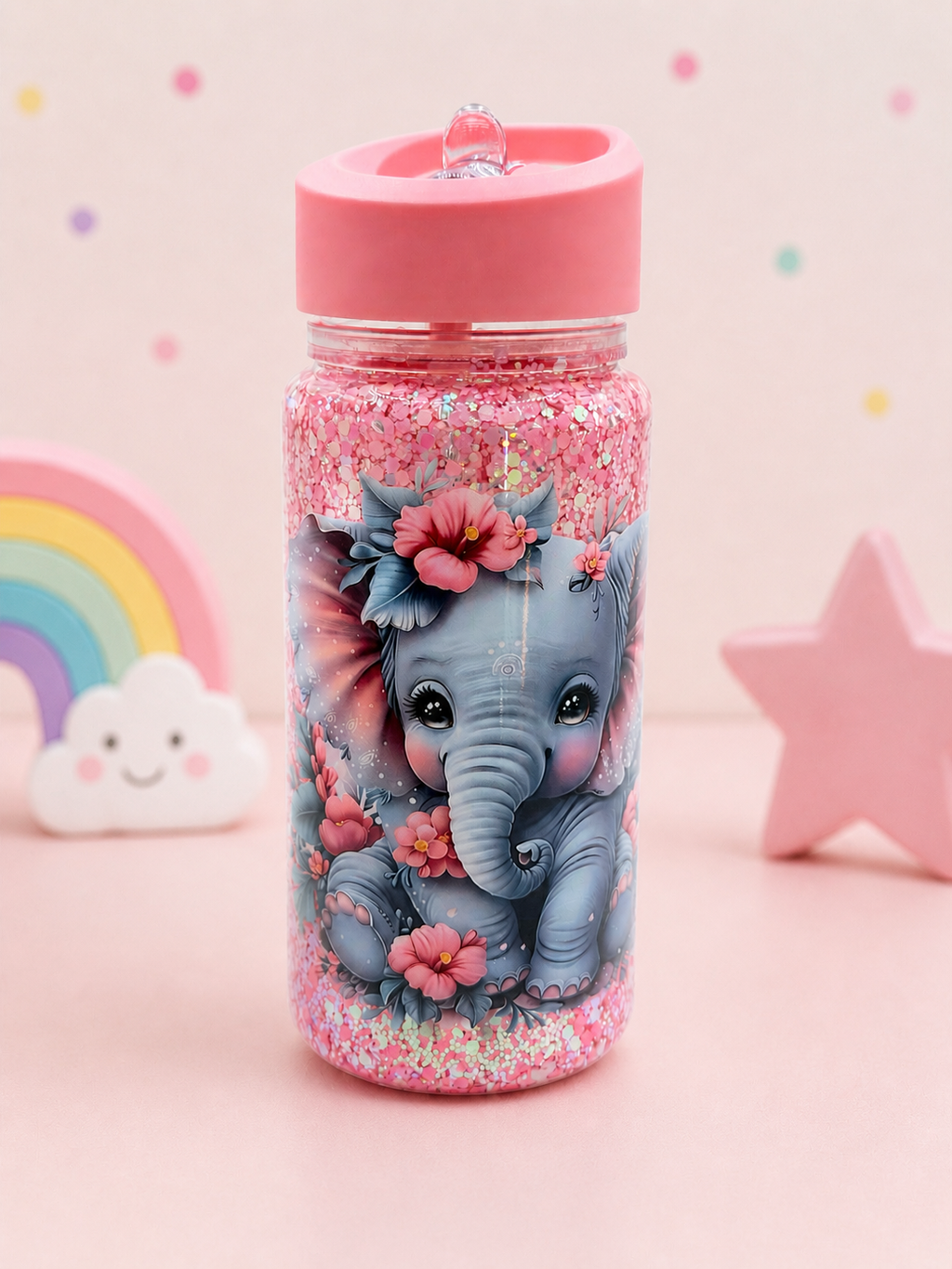 Kids glitter water bottle with pink lid and elephant graphic