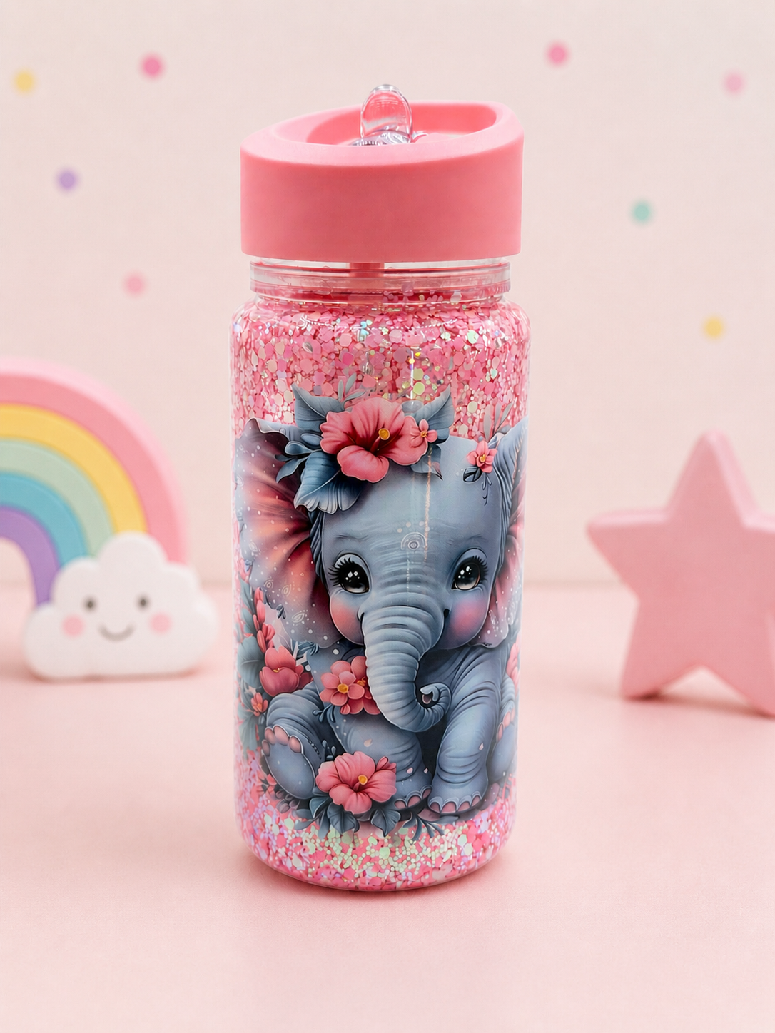 Kids glitter water bottle with pink lid and elephant graphic