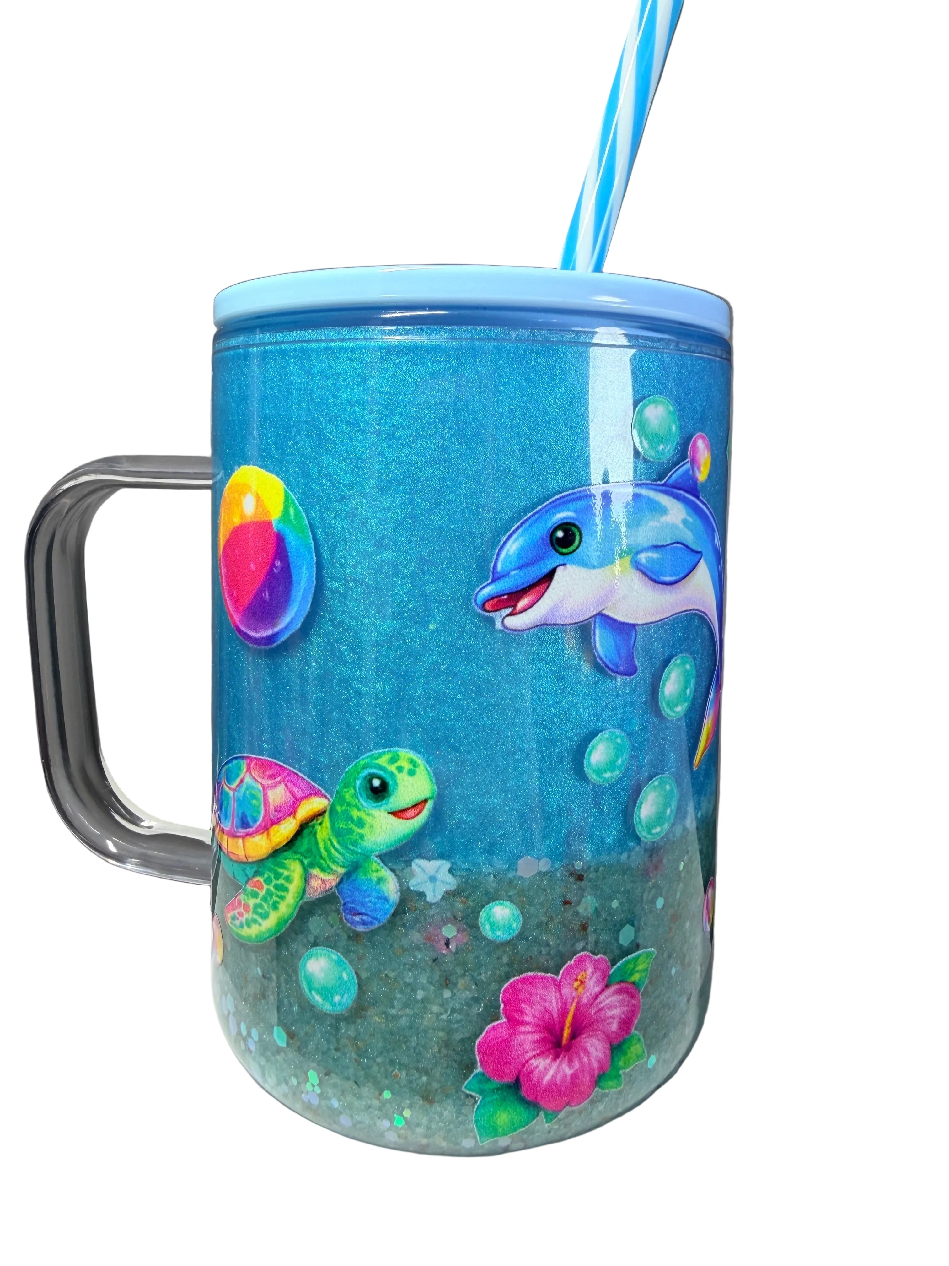 Acrylic coffee mug with dolphin and turtle graphics, blue textured finish, handle included.