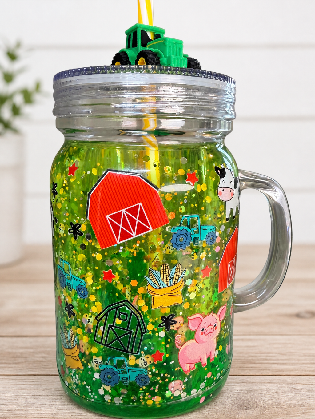 20 oz acrylic mason jar with green farm graphics, clear lid and handle mug