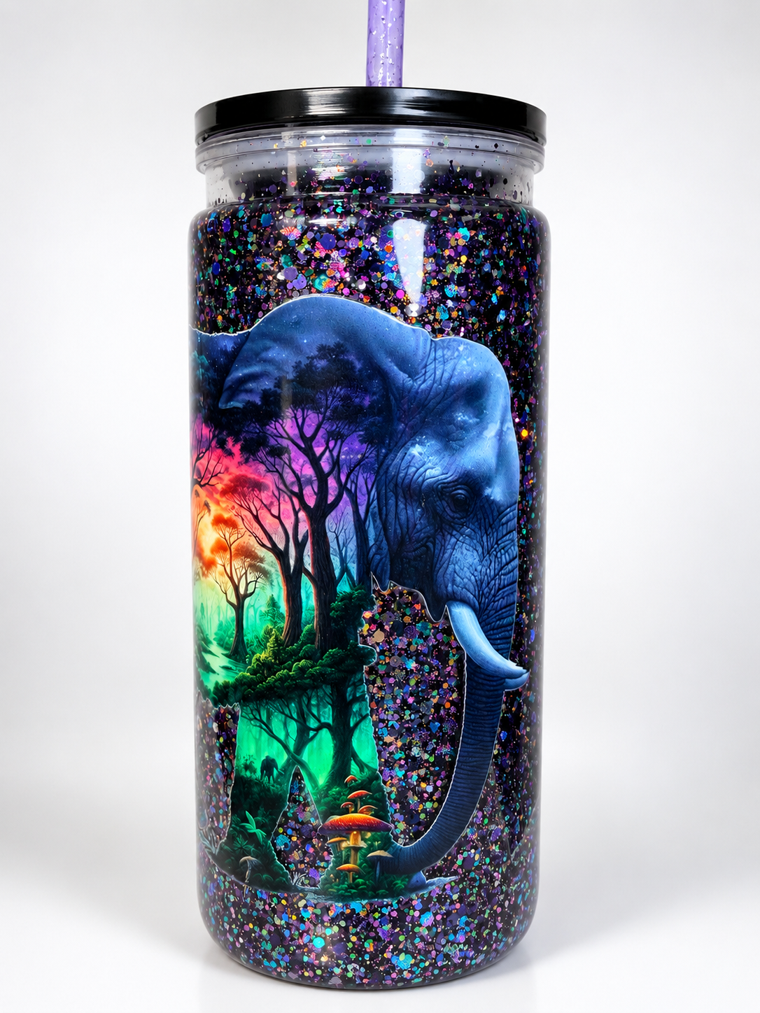 20 oz acrylic glitter tumbler with blue elephant graphic, full body view