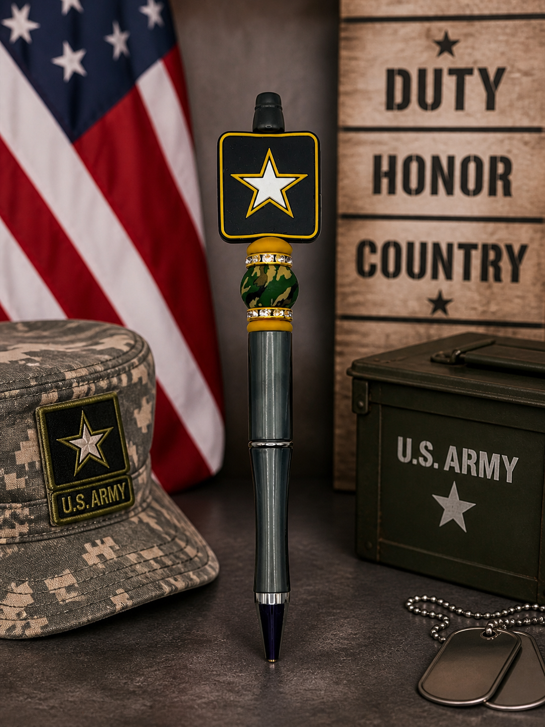 Army star beaded pen, clear globe bead center and metallic barrel