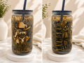 Oil drip style drink cup with black lid and straw, cowboy graphic and vintage text