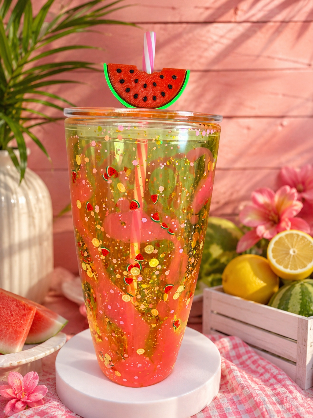 Pink glitter acrylic tumbler with watermelon slice lid and clear straw