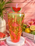 Pink glitter acrylic tumbler with watermelon slice lid and clear straw