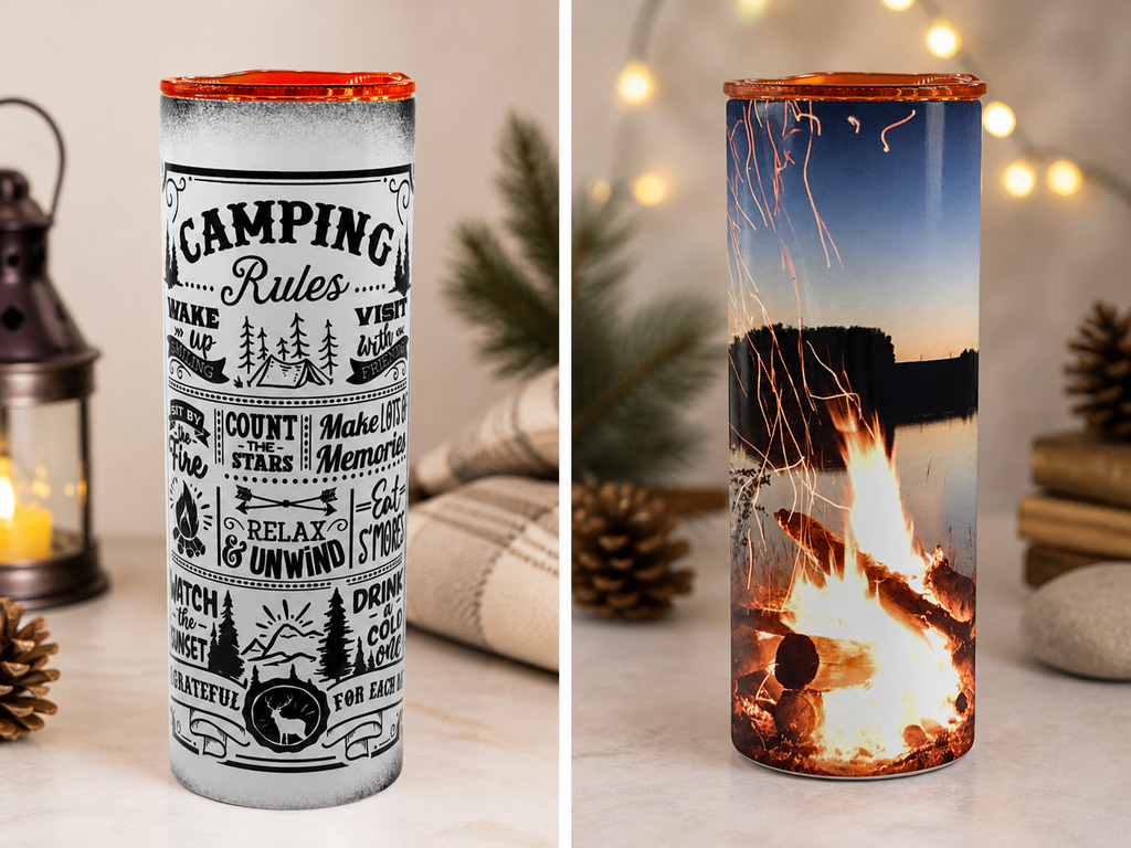Stainless steel camping cup with orange rim and 'Camping Rules' graphic text