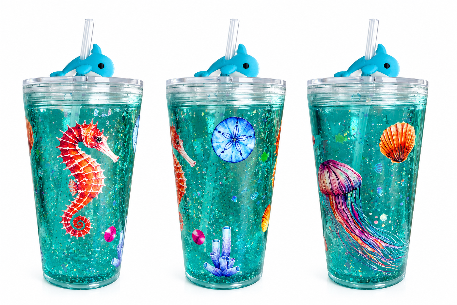 16oz acrylic tapered ocean glow tumbler, dolphin lid, three front views of ocean decals