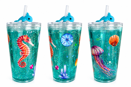 16oz acrylic tapered ocean glow tumbler, dolphin lid, three front views of ocean decals
