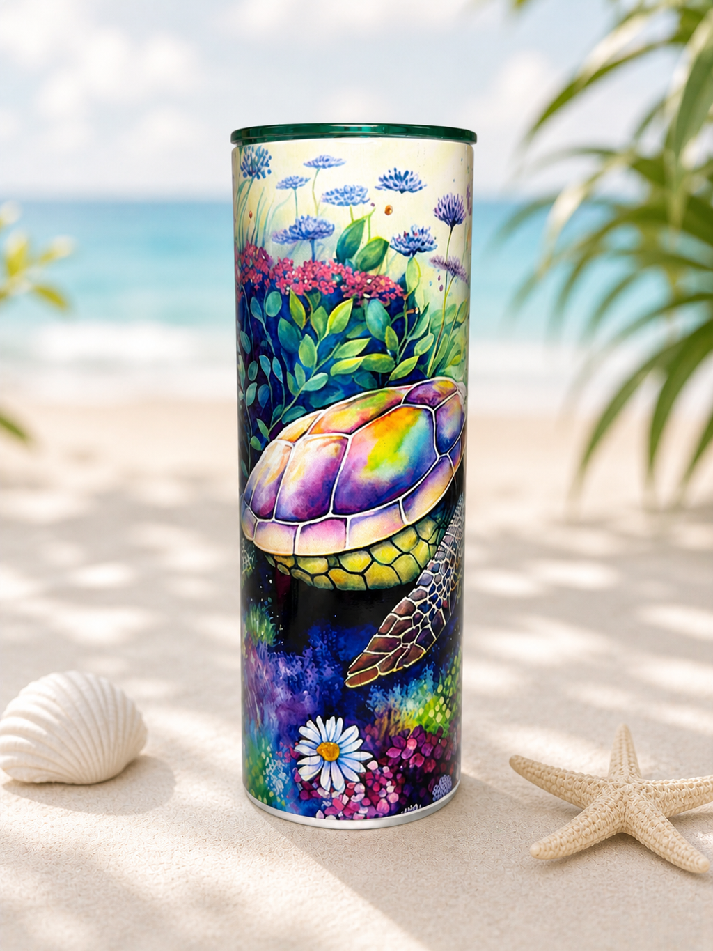 Stainless steel sea turtle cup with colorful floral wrap and green rim lid