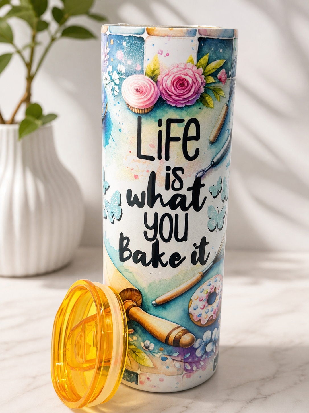 Baking quote stainless steel tumbler with orange lid and cupcake floral print