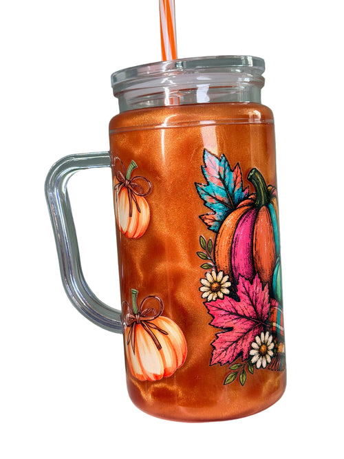 Acrylic snow globe tumbler with handle, orange with purple and blue fall leaves