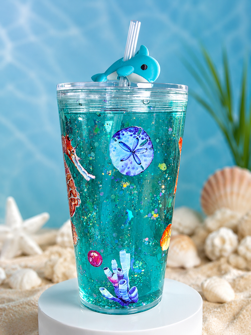 16oz acrylic tapered ocean glow tumbler with dolphin lid, straw, sea-life decals