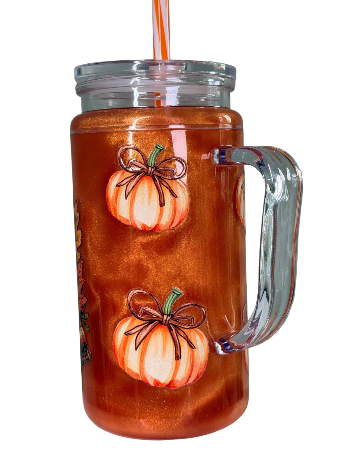 Acrylic snow globe tumbler with handle, orange with white pumpkins graphic