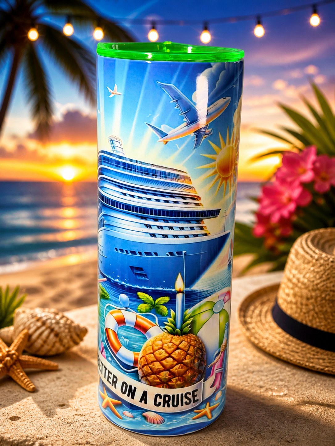 20 oz stainless steel tumbler with green lid, blue cruise ship design with pineapple and shells