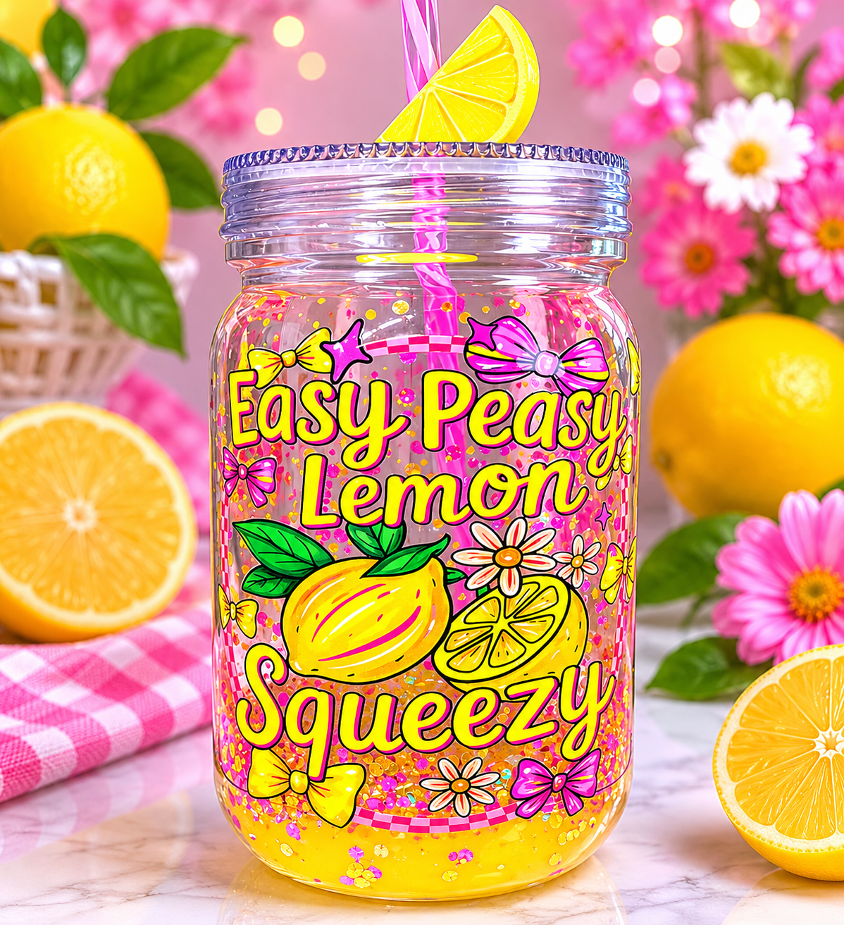 Acrylic lemon mason jar with yellow glitter, colorful lemon pattern, and pink straw.