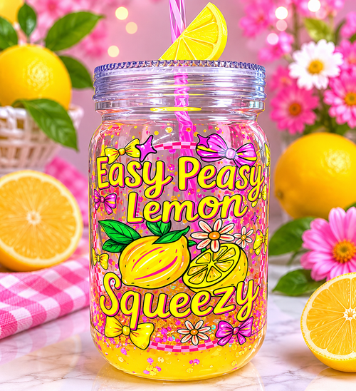 Acrylic lemon mason jar with yellow glitter, colorful lemon pattern, and pink straw.