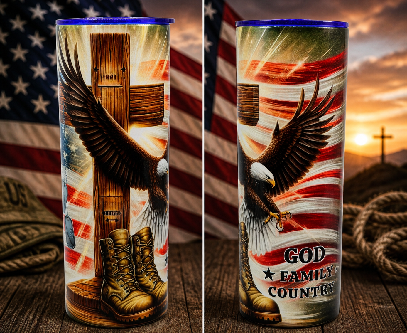 Stainless steel cup with blue rim, patriotic eagle and boots, 'GOD FAMILY COUNTRY' text