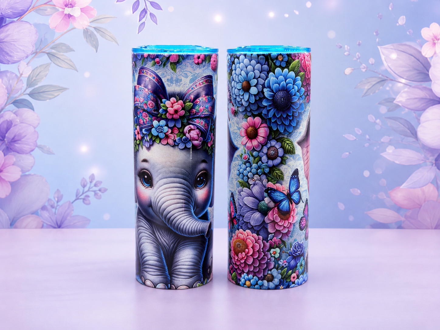 Stainless steel tumbler cup with baby elephant and colorful floral wrap