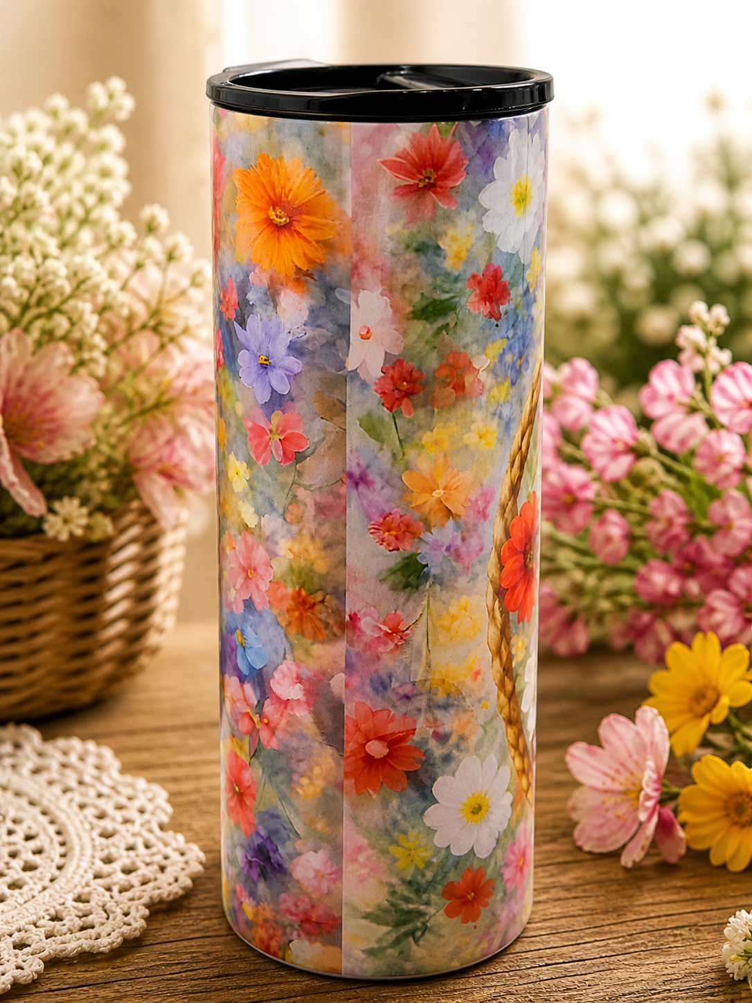 Stainless steel tumbler with black lid, full-color spring flower pattern
