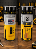 Printed stainless steel drill cup, yellow/black with USA badge and measurement marks