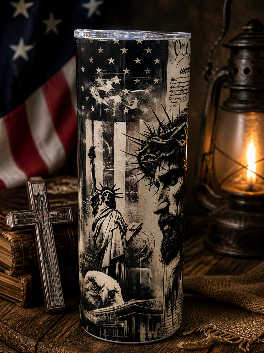 20-ounce stainless steel tumbler with layered patriotic symbols and American flag stars