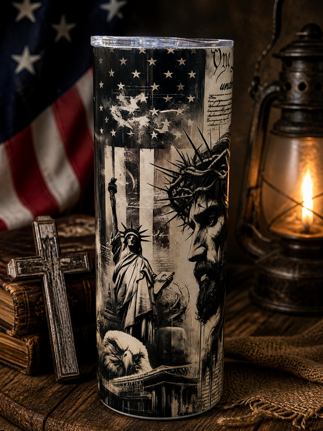 20-ounce stainless steel tumbler with layered patriotic symbols and American flag stars