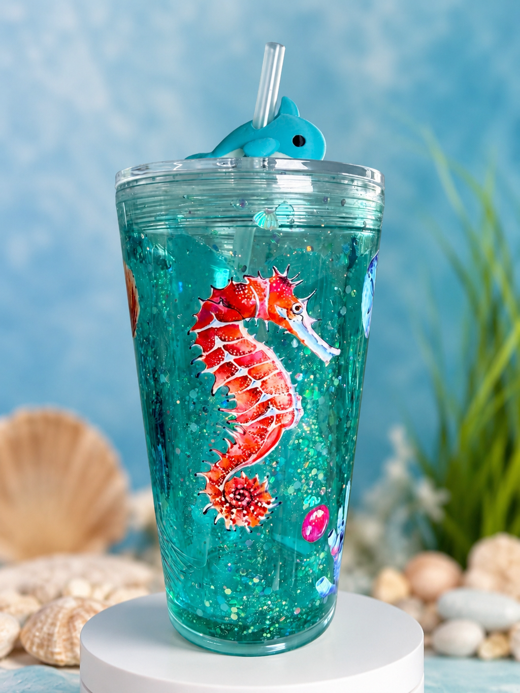 16oz acrylic tapered ocean glow tumbler with dolphin lid, red seahorse and bubbles decals