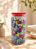 16 oz glitter autism cup with red lid and clear straw, rainbow puzzle piece graphic