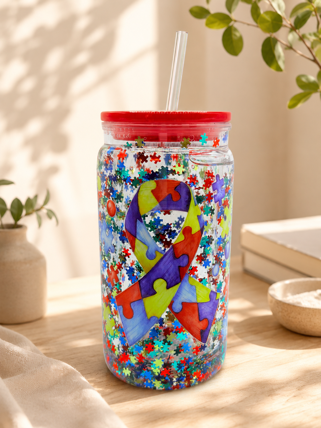 16 oz glitter autism cup with red lid and clear straw, rainbow puzzle piece graphic