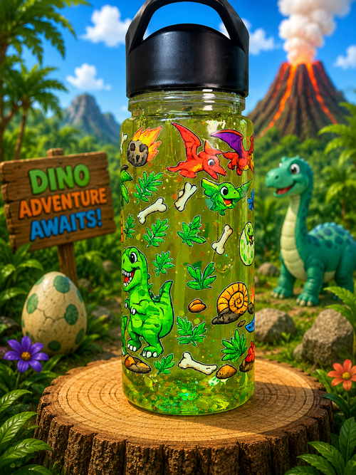 Kids dinosaur 10 oz cup with black lid, colorful dinosaur scene graphic