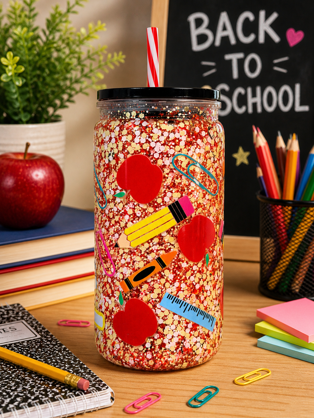 Teacher-themed acrylic snow globe glitter tumbler with black lid and red straw