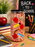 Teacher-themed acrylic snow globe glitter tumbler with black lid and red straw