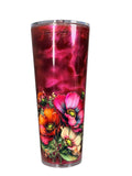 Color-shifting maroon acrylic tumbler with colorful flower decal, full-body view