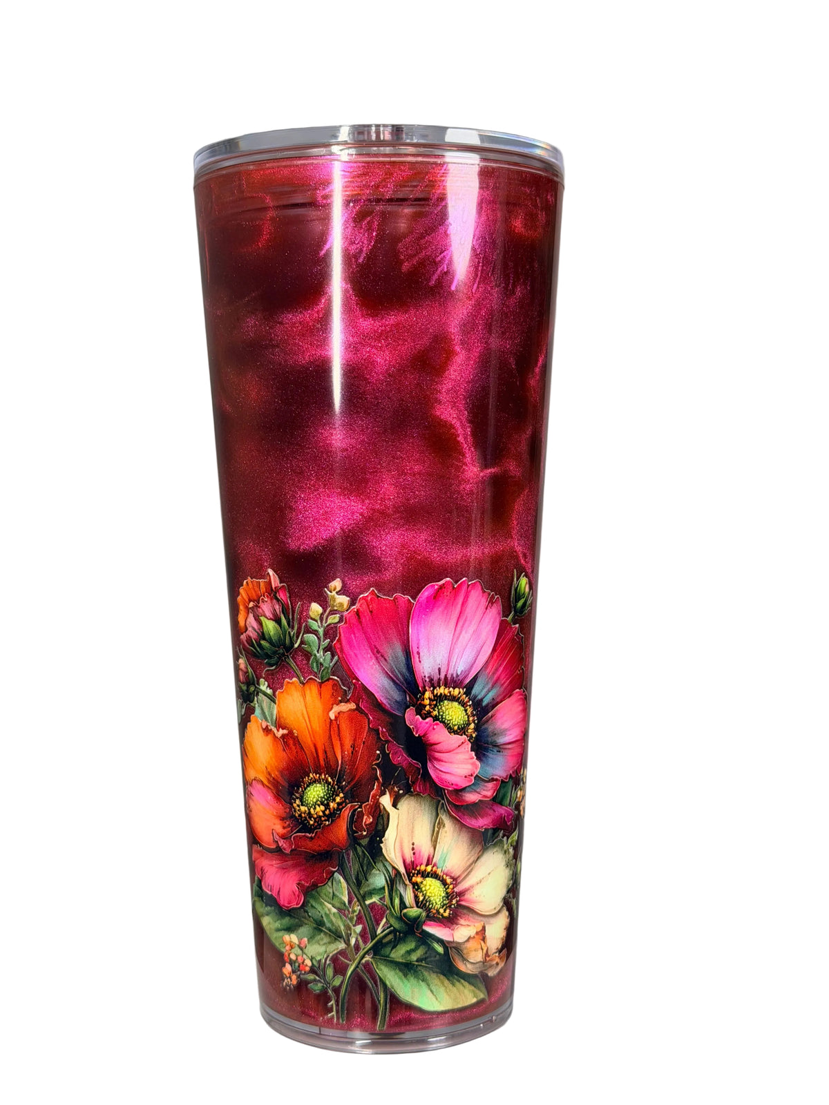Color-shifting maroon acrylic tumbler with colorful flower decal, full-body view
