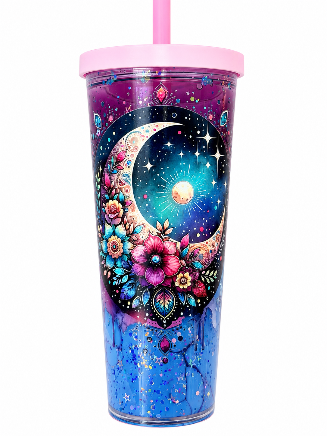 24oz acrylic tumbler with pink lid, dark purple-to-blue galaxy, floral moon artwork