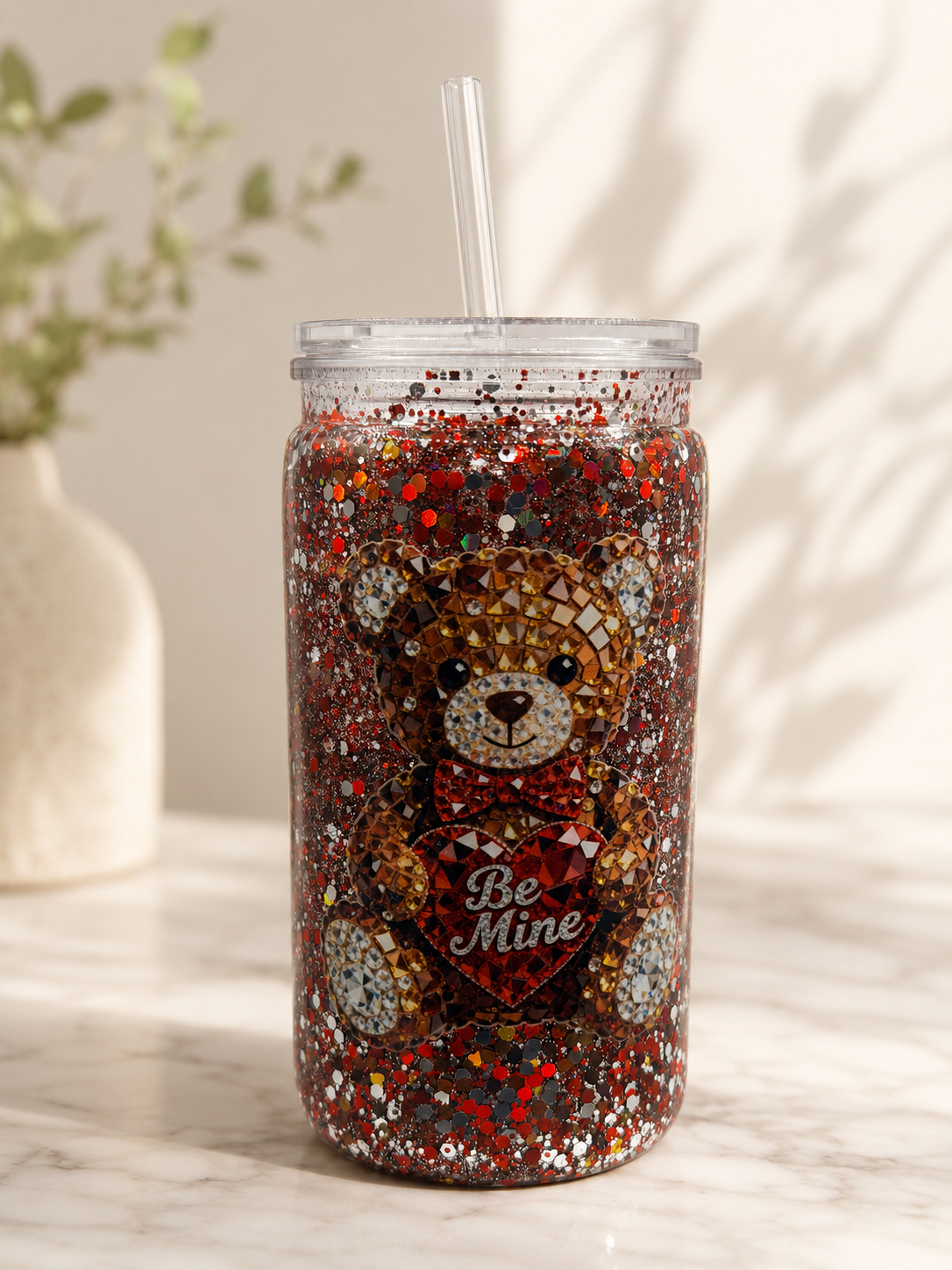 16 oz glitter tumbler with bear graphic, straw lid, 'Be Mine' heart