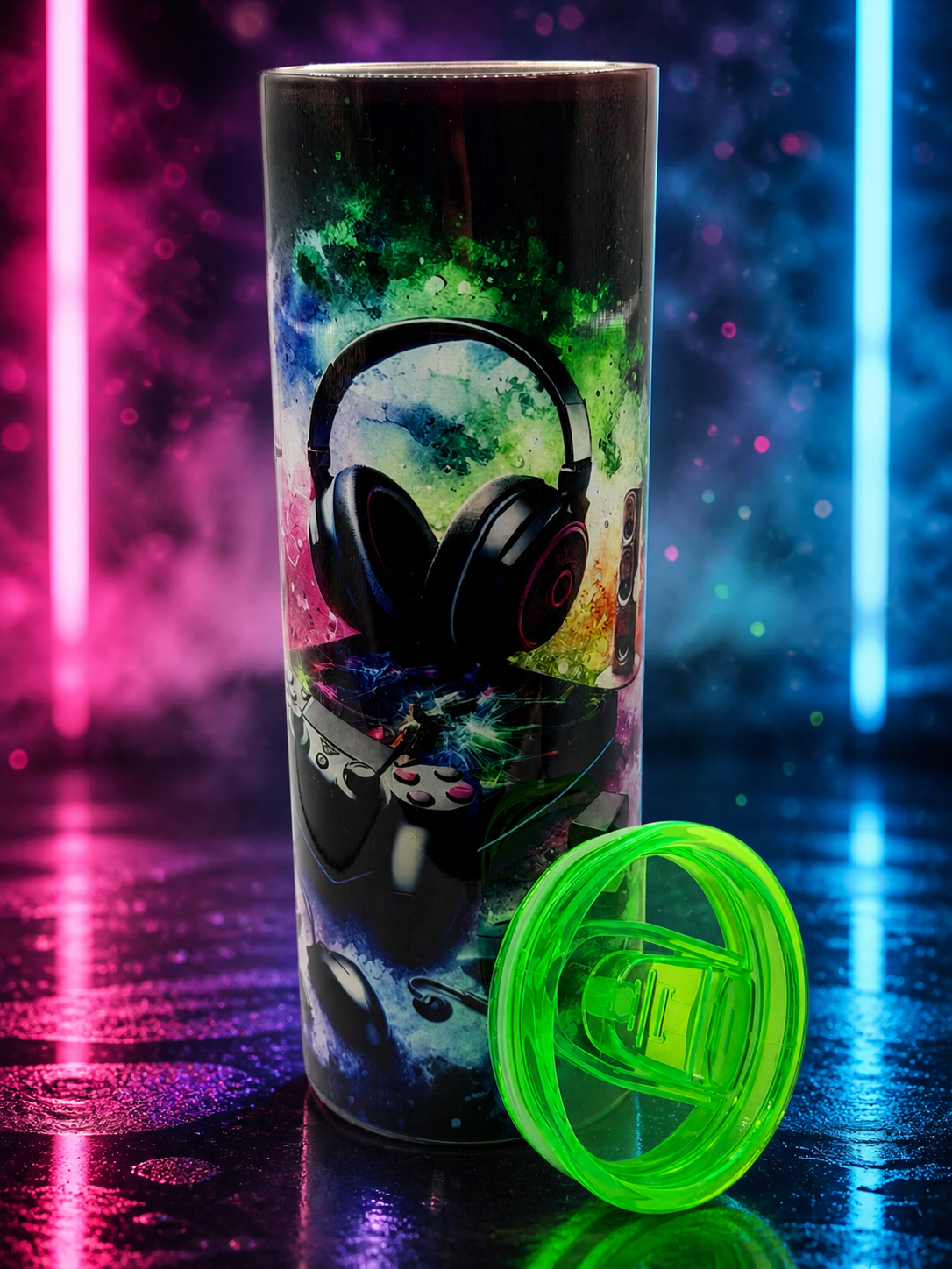 20 oz stainless steel tumbler with gamer graphic and neon green straw lid