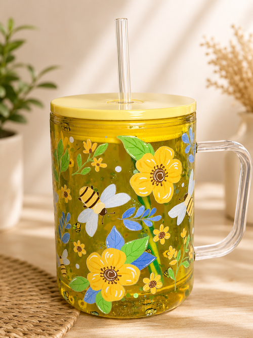 Green acrylic coffee mug with bees and flowers print, clear lid and straw