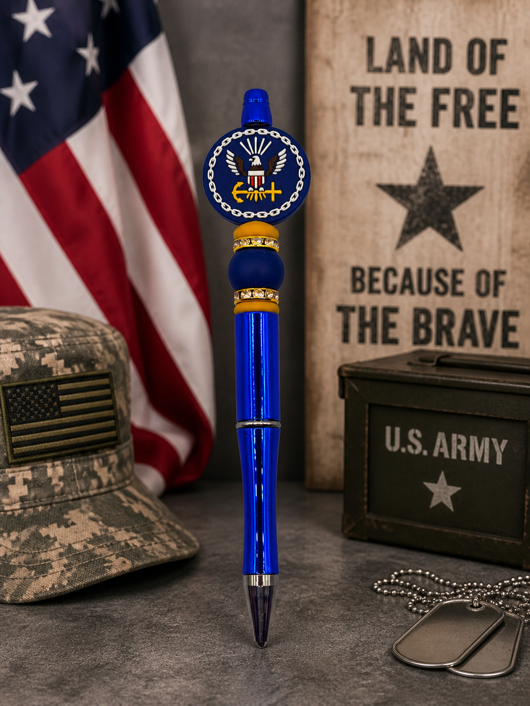 Blue military emblem beaded pen with gold rings and pointed metal tip