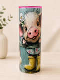 Stainless steel cup with pig artwork, cylindrical tumbler and pink rim