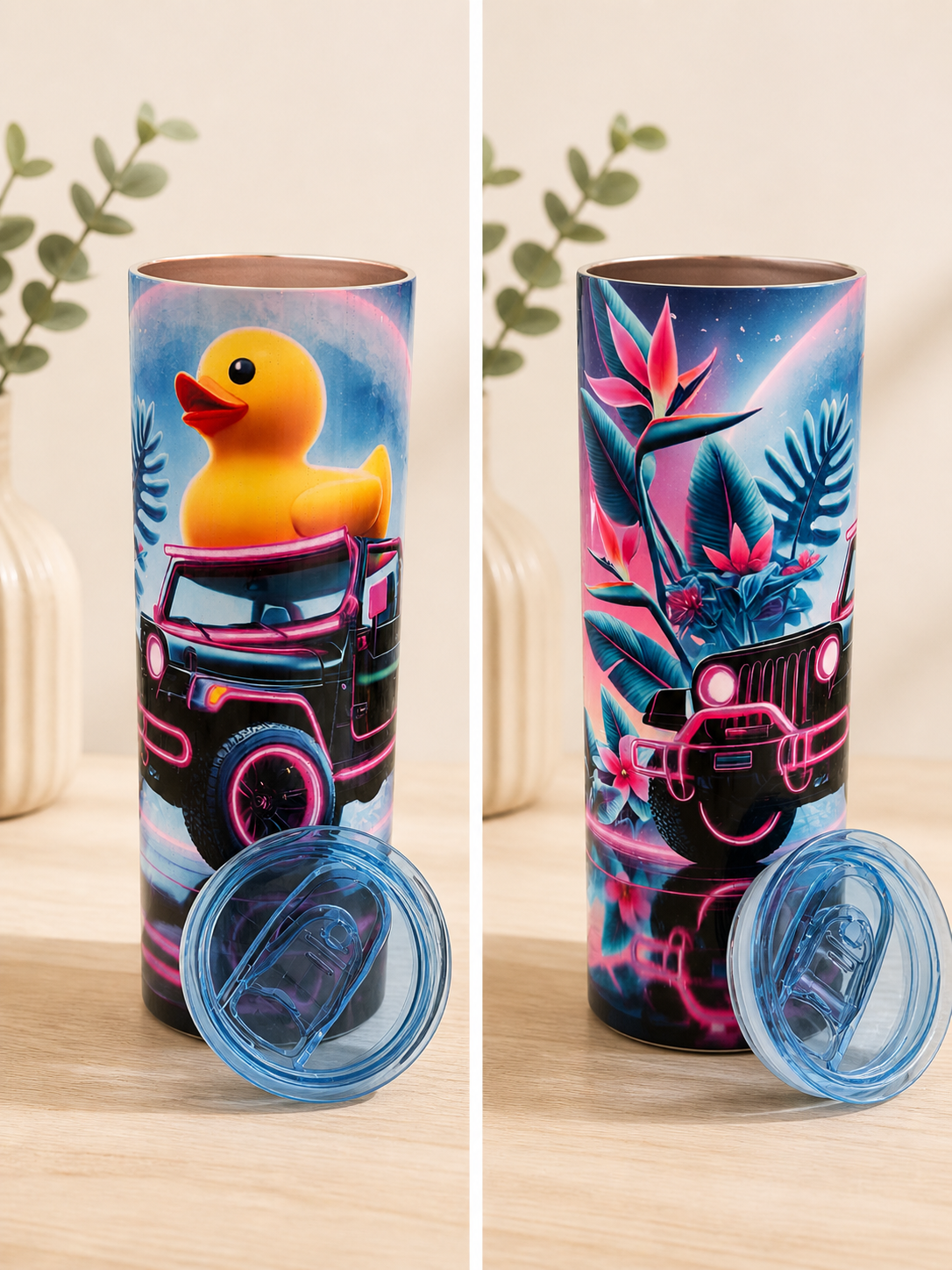 Stainless steel 20 oz tumbler with duck and Jeep truck graphic, clear lid