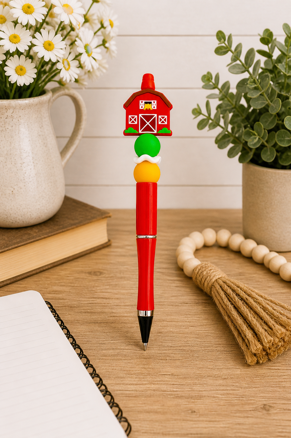 Red novelty pen with farm barn cap, green and yellow stacked accents