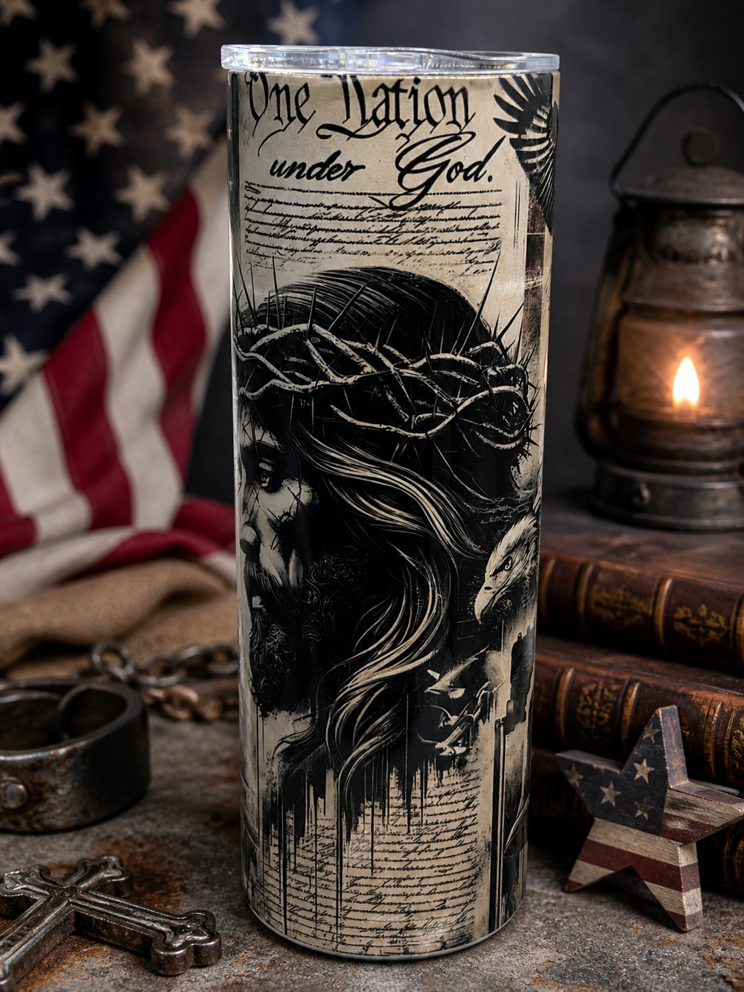 20-ounce stainless steel tumbler with "One Nation under God" portrait and patriotic stars